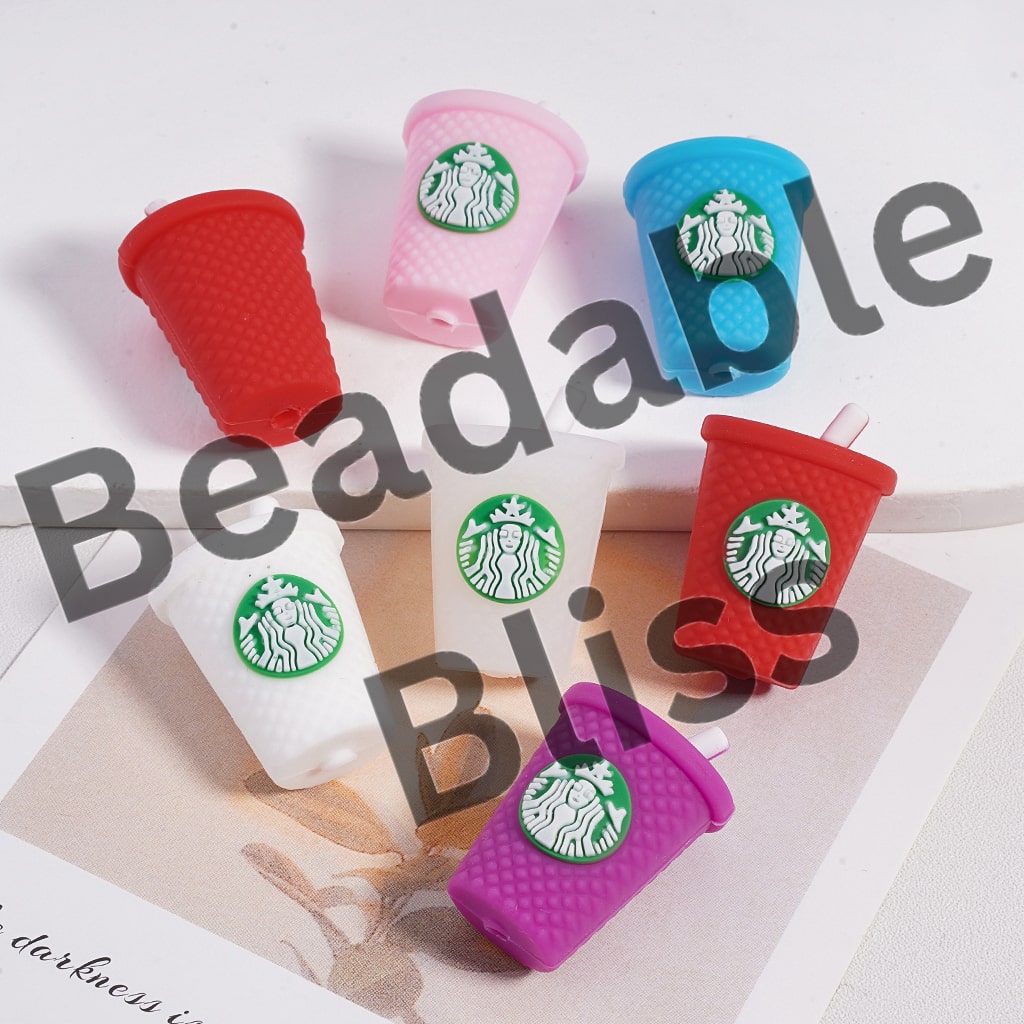 Silicone Focal Beads 3D Cute Coffee Cup Bottle with Straw