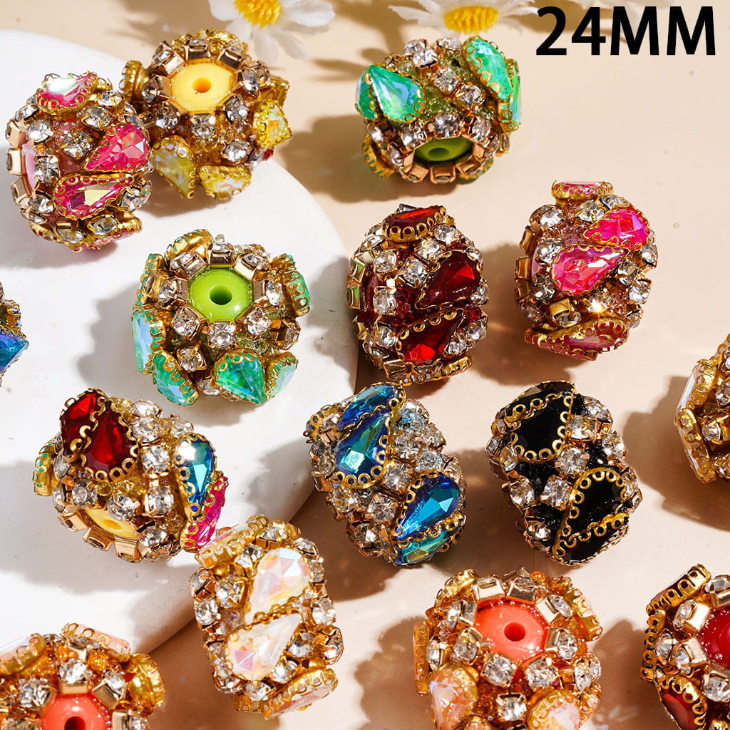 Gold Metal Setting with Water Drop and Clear Rhinestones Handmade Acrylic Sugar Beads, 24MM, Multi-Color, Random Mix
