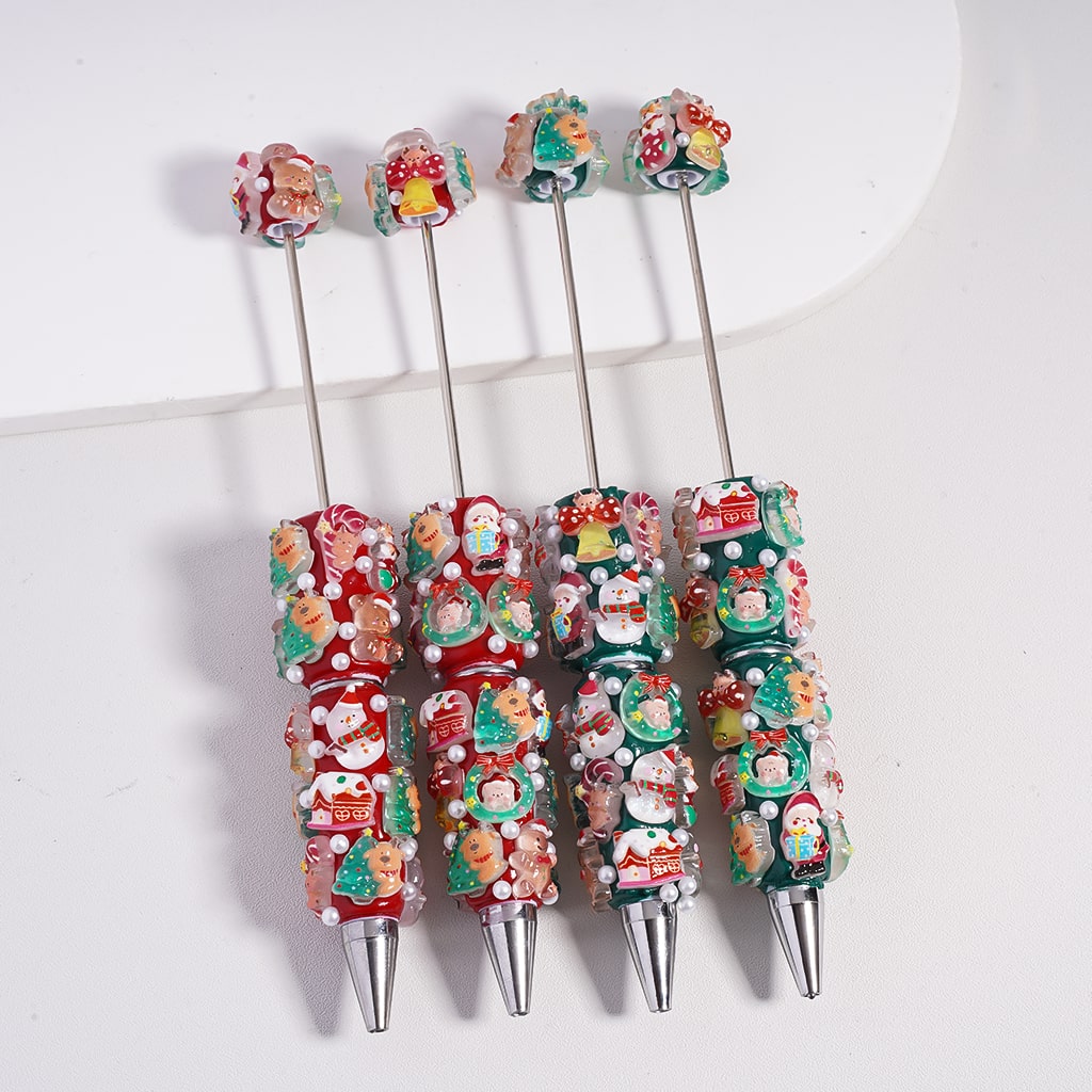 Beadable Pen Red & Green Clay Christmas Series with Santa Claus Reindeer Christmas Tree Stocking Wreath House Bell Gingerbread Man Snowman White Pearls