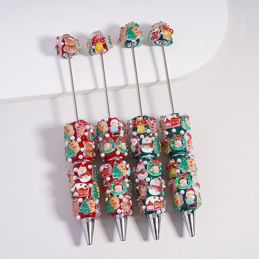 Beadable Pen Red & Green Clay Christmas Series with Santa Claus Reindeer Christmas Tree Stocking Wreath House Bell Gingerbread Man Snowman White Pearls