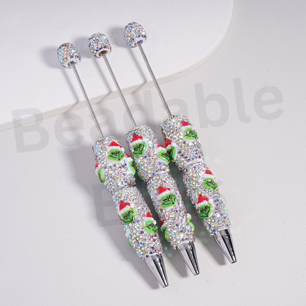 Beadable Pens with Clay Cute Green Monster with Christmas Hat AB & Black Rhinestones