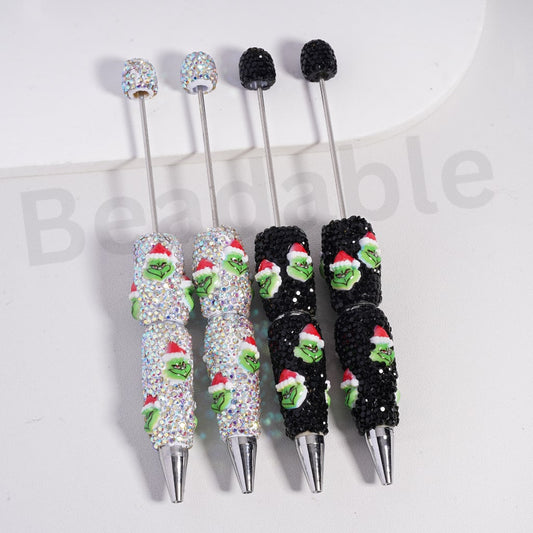 Beadable Pens with Clay Cute Green Monster with Christmas Hat AB & Black Rhinestones