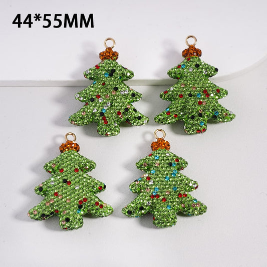 Green Christmas Tree Clay Pendant with Gold Crown Colored Rhinestones, Around 44*55MM