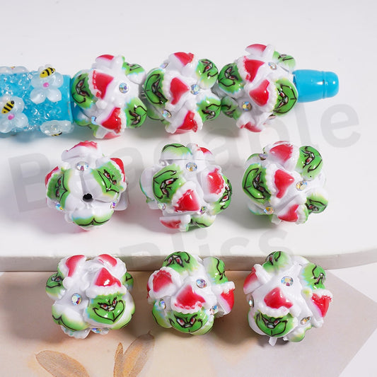 Clay Beads Cute Green Monster Toy with Christmas Hat White Background AB Rhinestones, 20MM