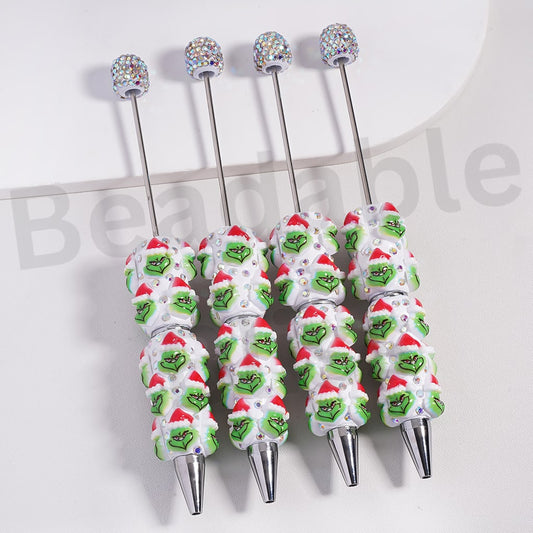 Beadable Clay Pens Cute Green Monster Toy with Christmas Hat White Background AB Rhinestones