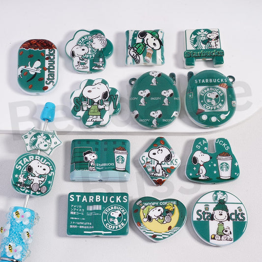 Acrylic Beads Pendants Dog Coffee Boy Cartoon Series with Green Background, Random Mix