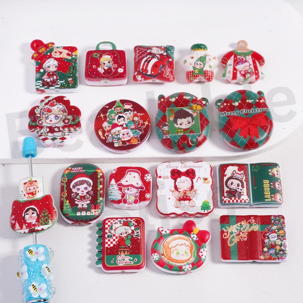 Acrylic Beads Pendants Frosted Double Sides Printing Christmas Series, Random Mix