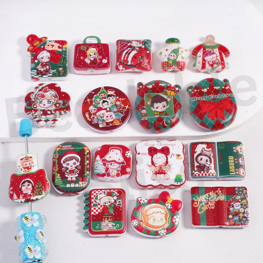Acrylic Beads Pendants Frosted Double Sides Printing Christmas Series, Random Mix