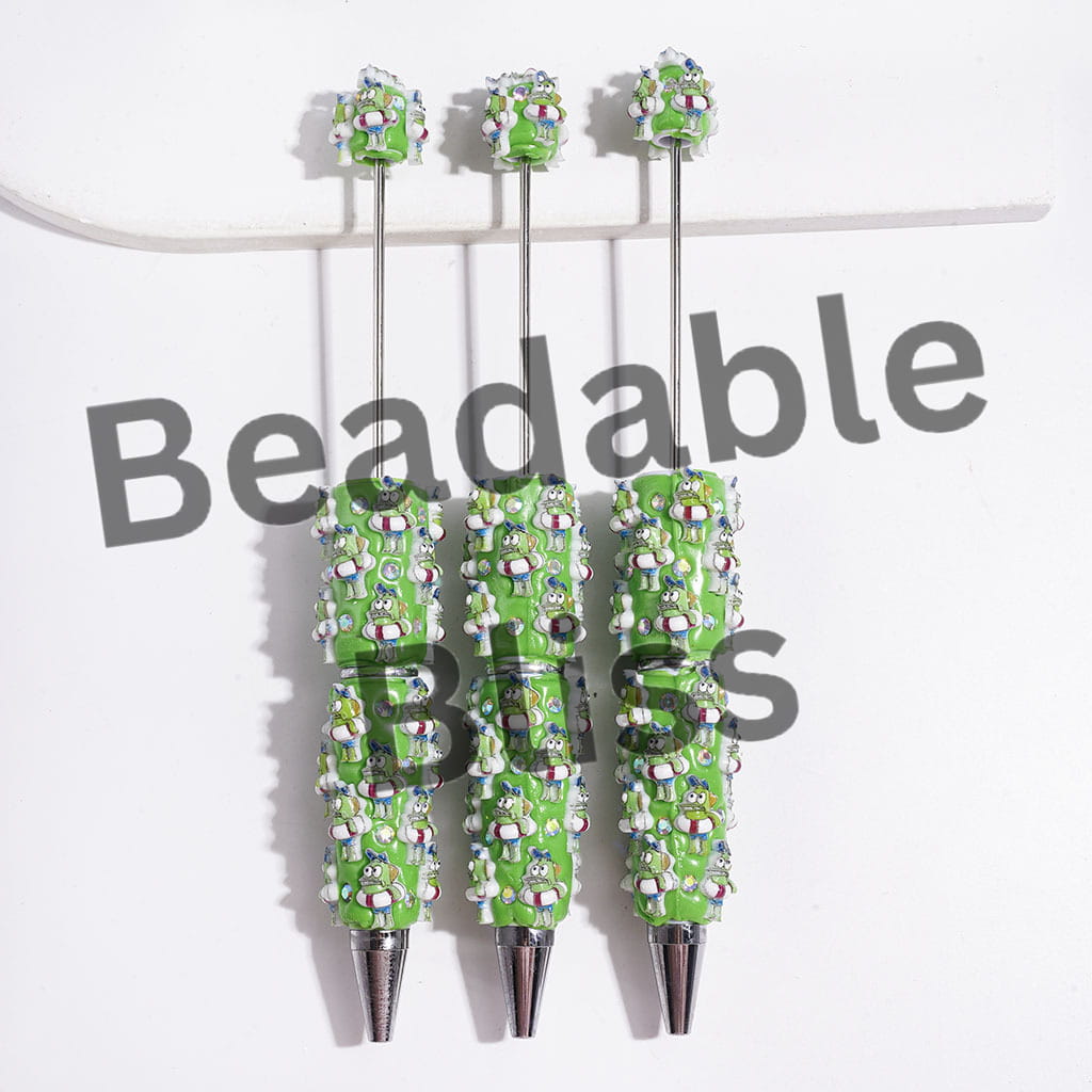 Beadable Clay Pens Green Fish with Swim Ring and Blue Hat, AB Rhinestones