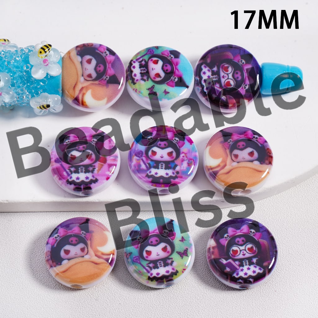 Acrylic Beads Cute Japanese Character in Assorted Designs, Flat Round Shape, 17MM, Random Mix