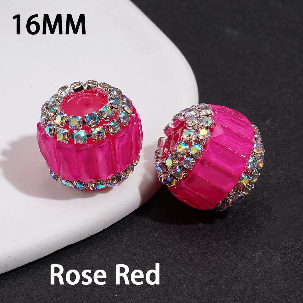 Handmade Acrylic Beads with Rectangle Rhinestones & AB Rhinestone Chains in Double Layer, Fluorescence Colors, 16MM