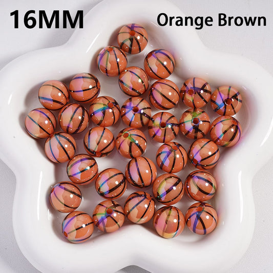 Orange brown beads with multicolor stripes on a white dish, labeled '16MM' and 'Orange Brown'.

