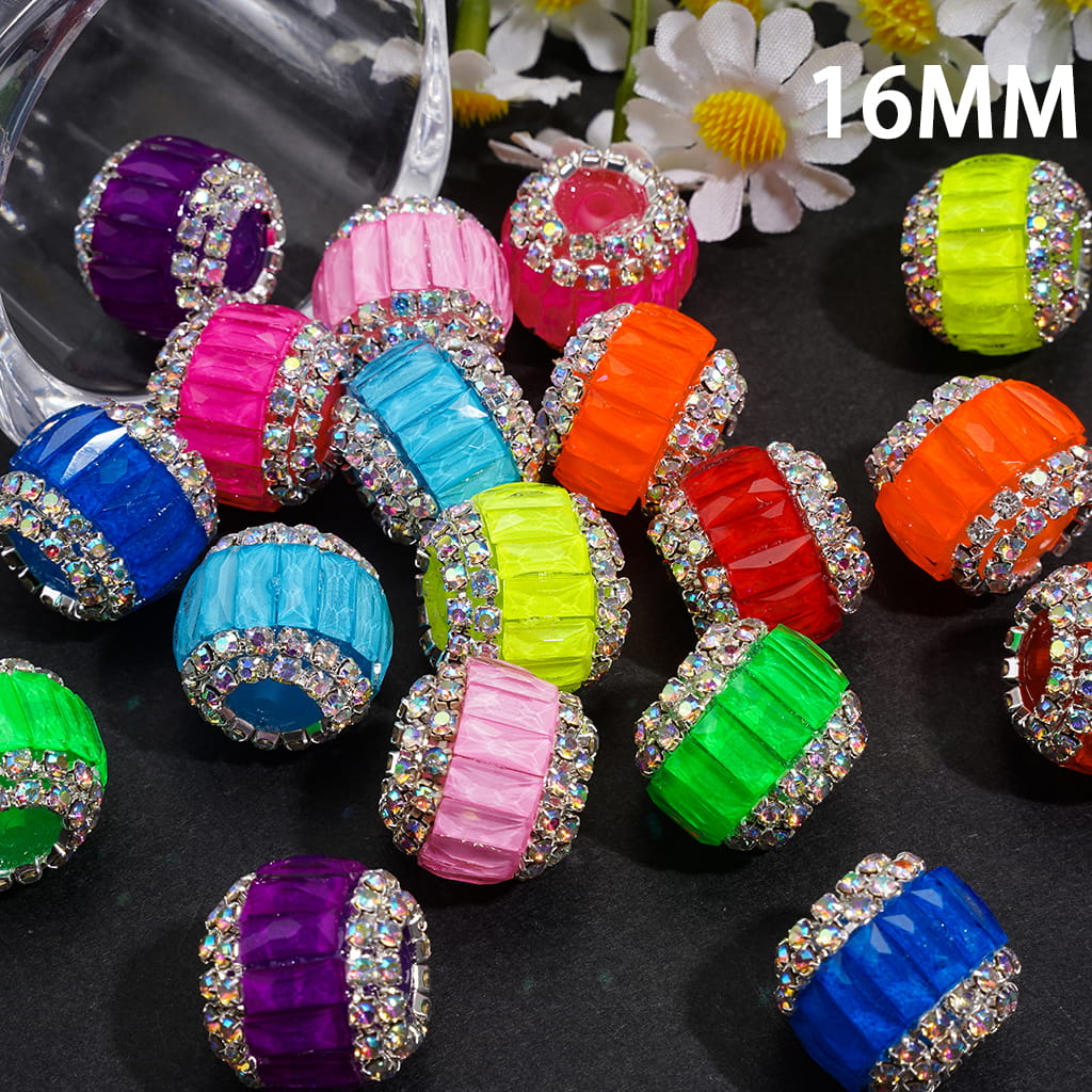 Handmade Acrylic Beads with Rectangle Rhinestones & AB Rhinestone Chains in Double Layer, Fluorescence Colors, 16MM