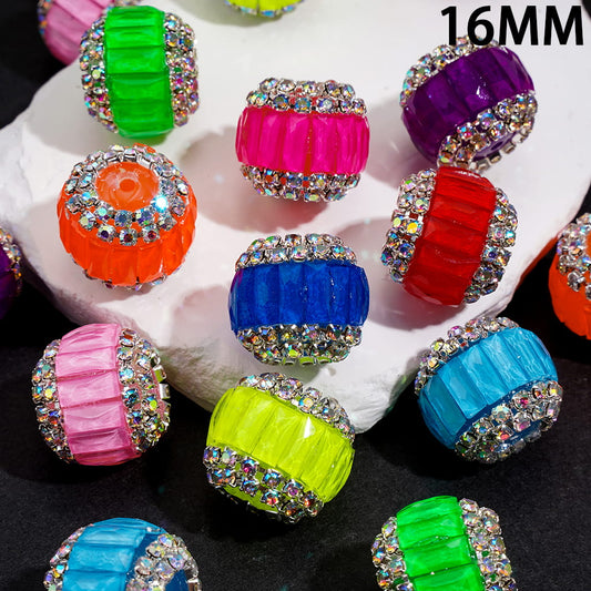 Handmade Acrylic Beads with Rectangle Rhinestones & AB Rhinestone Chains in Double Layer, Fluorescence Colors, 16MM