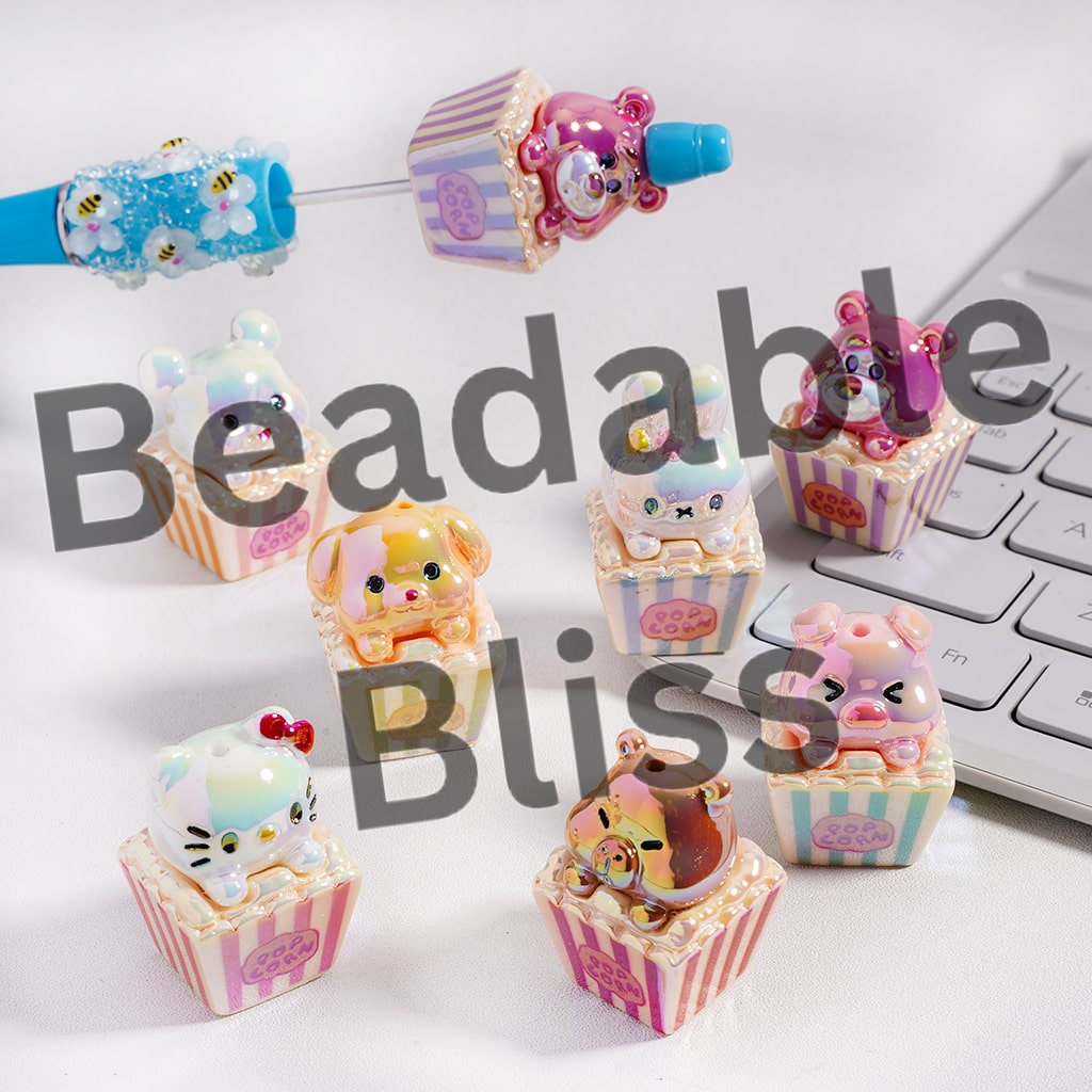 Acrylic Beads UV Coating Various Animals Sit in Popcorn Bucket, Random Mix
