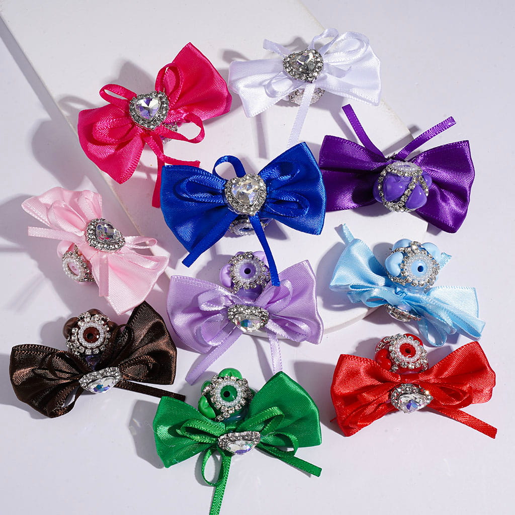 Handmade Acrylic Beads w Hearts Clear Rhinestone & White Pearl Chains, Gorgeous Fabric Bowtie w Heart Rhinestone, Multi-Color