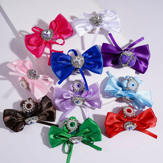 Handmade Acrylic Beads w Hearts Clear Rhinestone & White Pearl Chains, Gorgeous Fabric Bowtie w Heart Rhinestone, Multi-Color