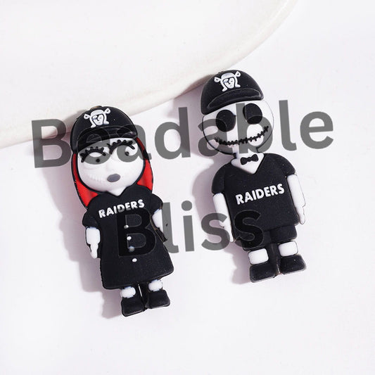 Las Vegas Football Team Style Focal Beads, 3D Skull Skeleton Couple Character with Black Sports Hat & Jersey Set, Height 44MM