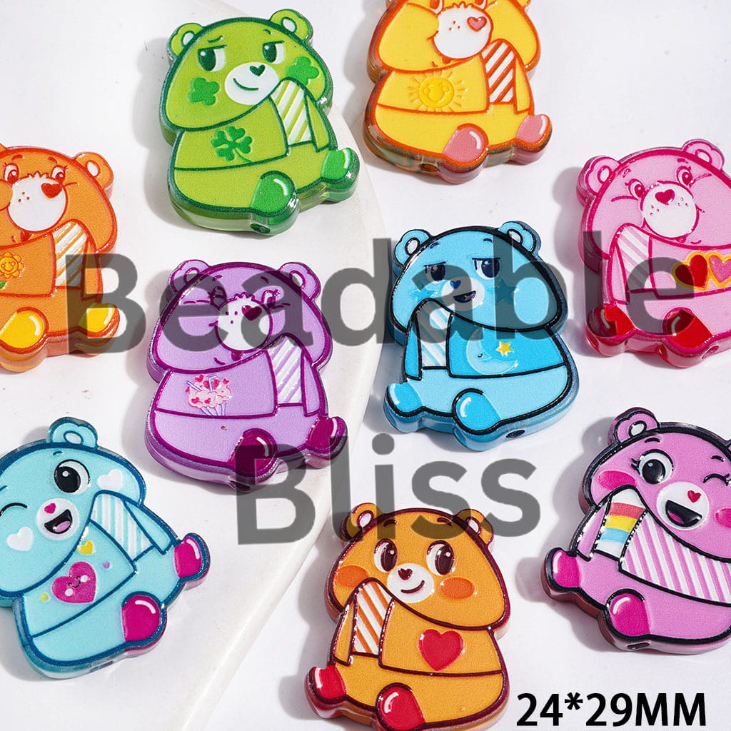 Semi-Clear Acrylic Beads Rainbow Bear with Striped Tie, Man Exclusive, Random Mix