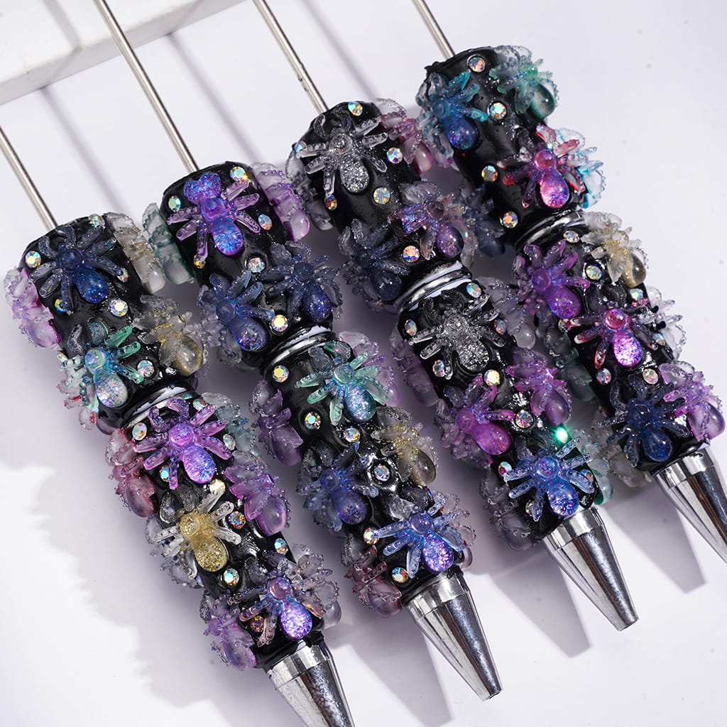 Beadable Clay Pens with Glittery Spiders Halloween Theme and AB Rhinestones, White and Black Pen Body