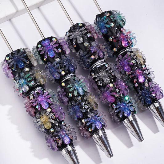 Beadable Clay Pens with Glittery Spiders Halloween Theme and AB Rhinestones, White and Black Pen Body
