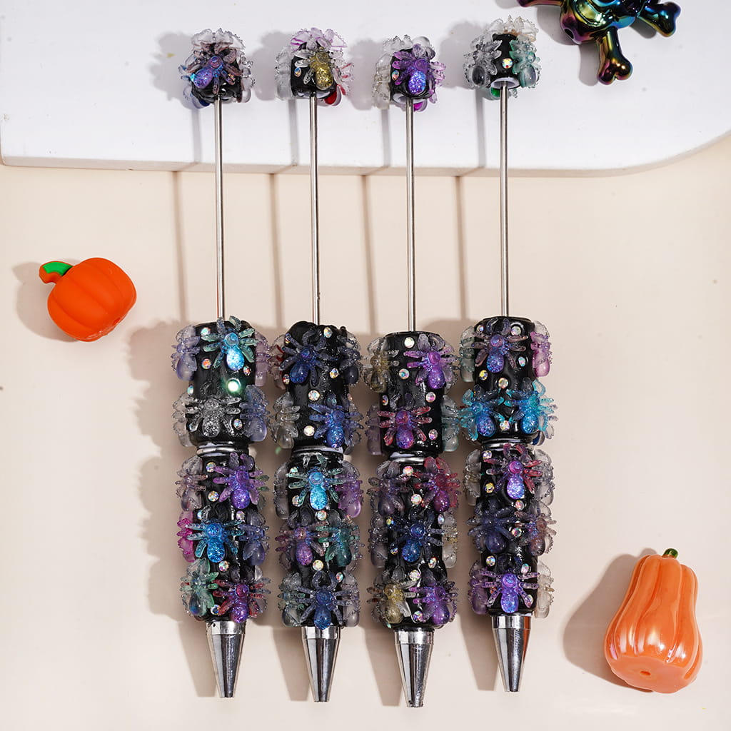 Beadable Clay Pens with Glittery Spiders Halloween Theme and AB Rhinestones, White and Black Pen Body