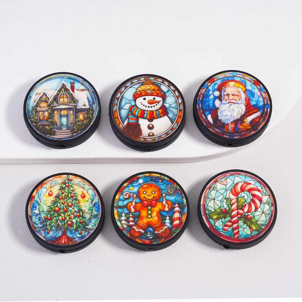 Silicone Focal Beads Christmas Series, Flat Round Shape, Random Mix