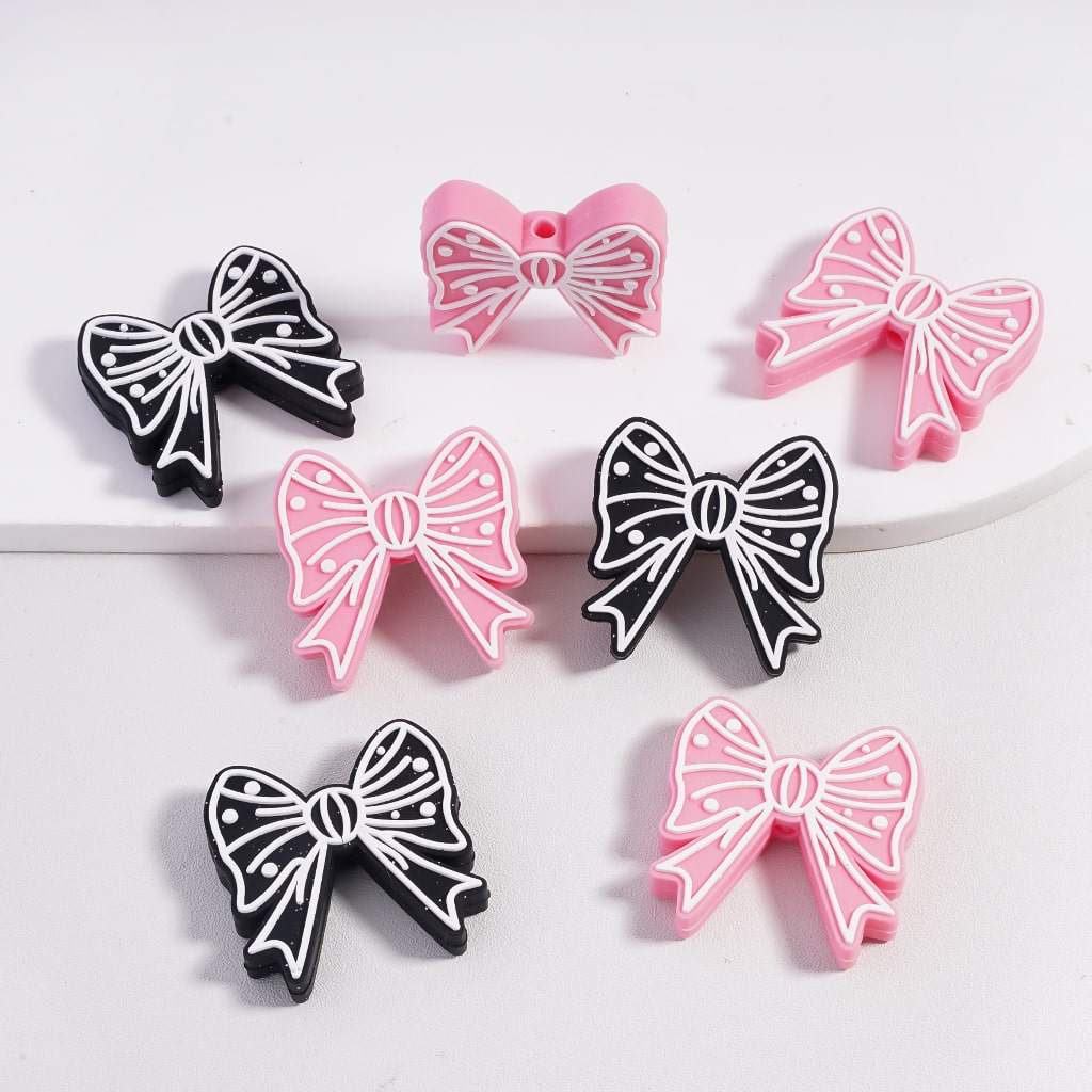Silicone Focal Beads Bowtie Series with White Stripes Dots