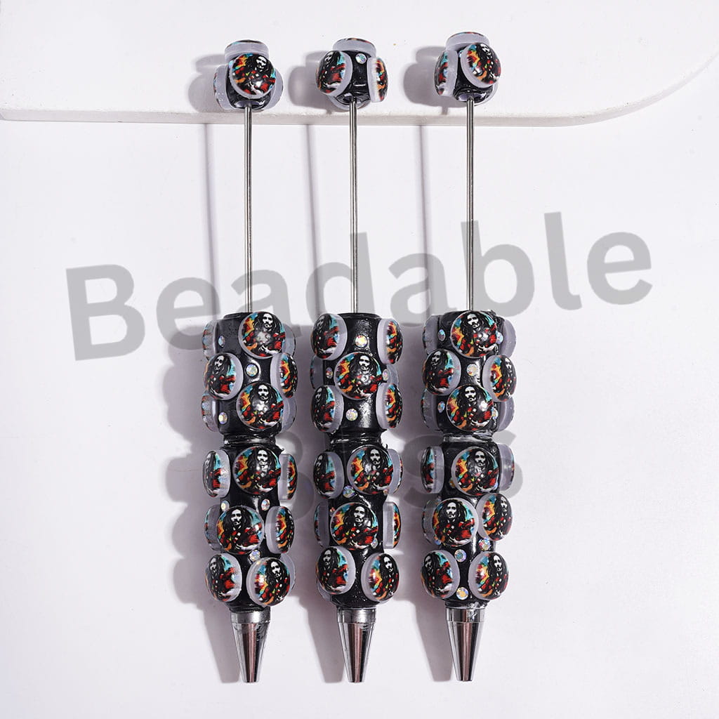 Beadable Clay Pens Round Design with American Singer, AB Rhinestones, Black Background