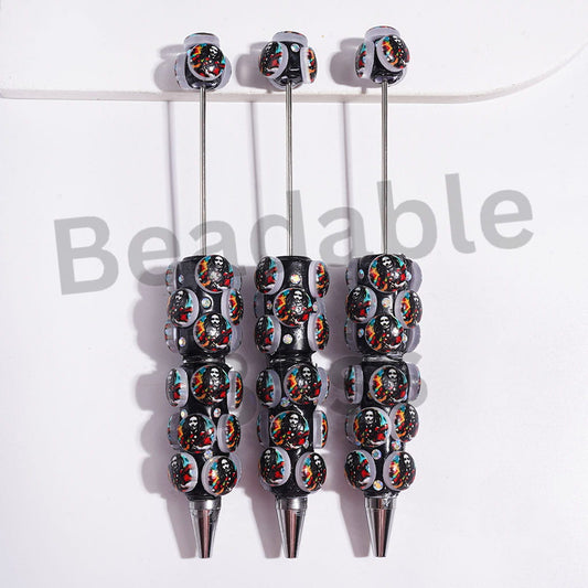 Beadable Clay Pens Round Design with American Singer, AB Rhinestones, Black Background