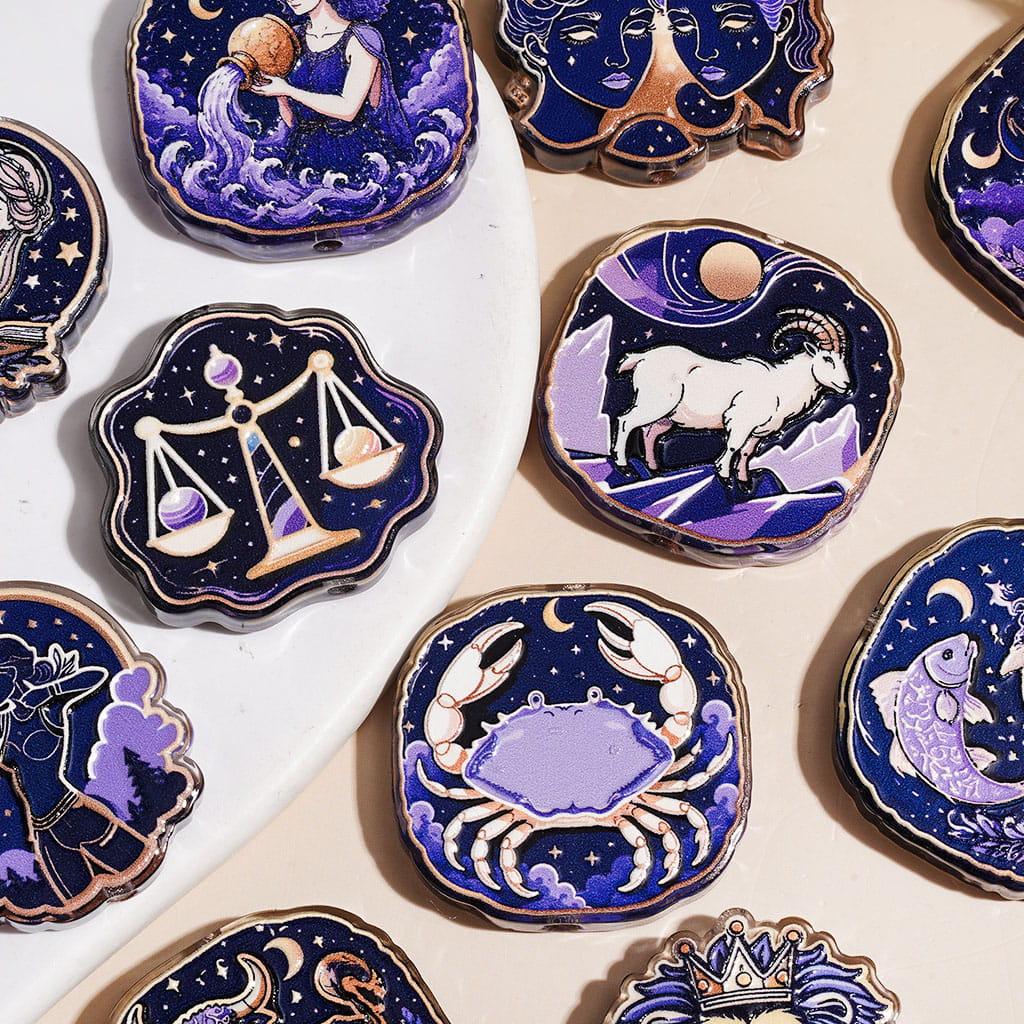 Twelve Constellation in Dark Purple Series Acrylic Beads, Semi-Clear, Random Mix