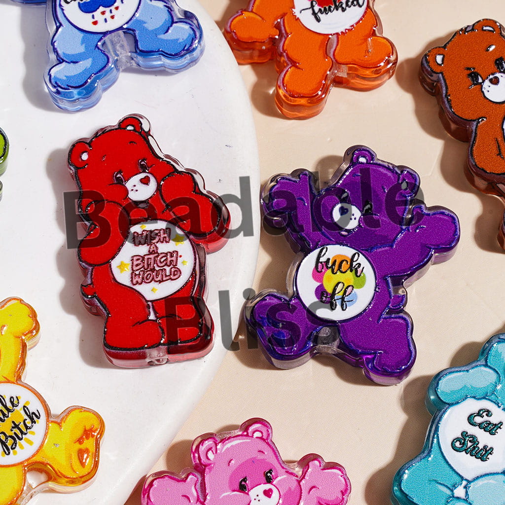 Acrylic Beads Rainbow Bear Series with Humor Text, Semi-Color, Random Mix Multi-Color