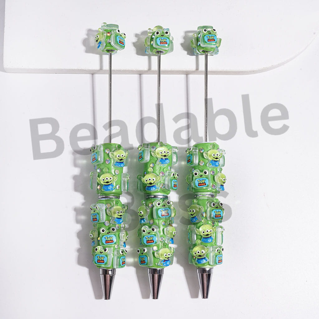 Beadable Clay Pens with Toy Adventure Characters and AB Rhinestones, Green Pen Base