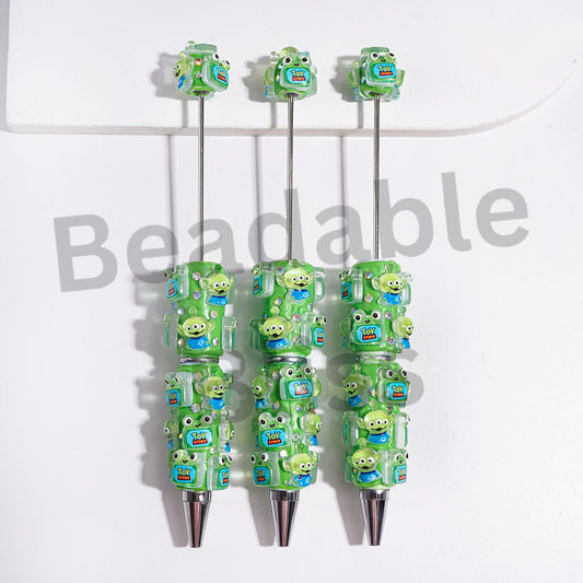 Beadable Clay Pens with Toy Adventure Characters and AB Rhinestones, Green Pen Base