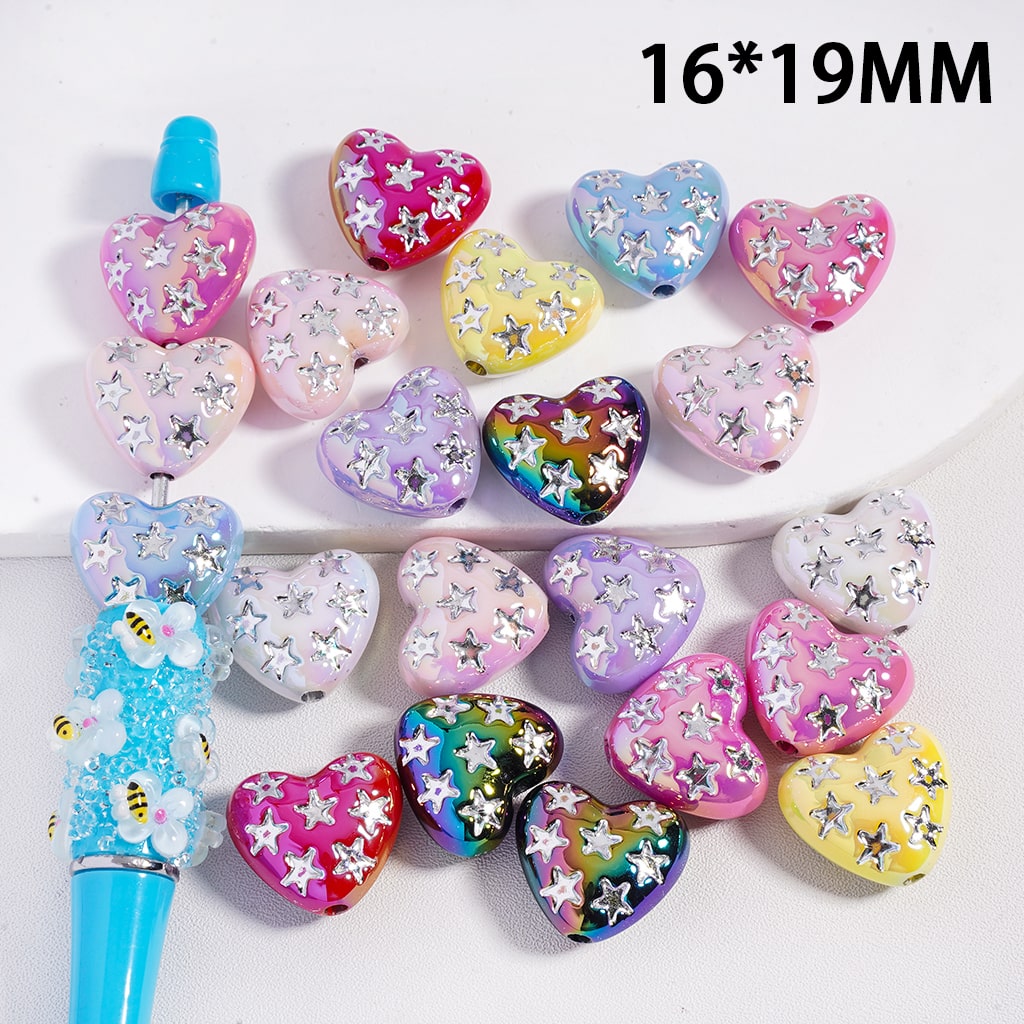 Heart Acrylic Beads with Small Silver Carved Stars, Random Mix, 16MM*19MM