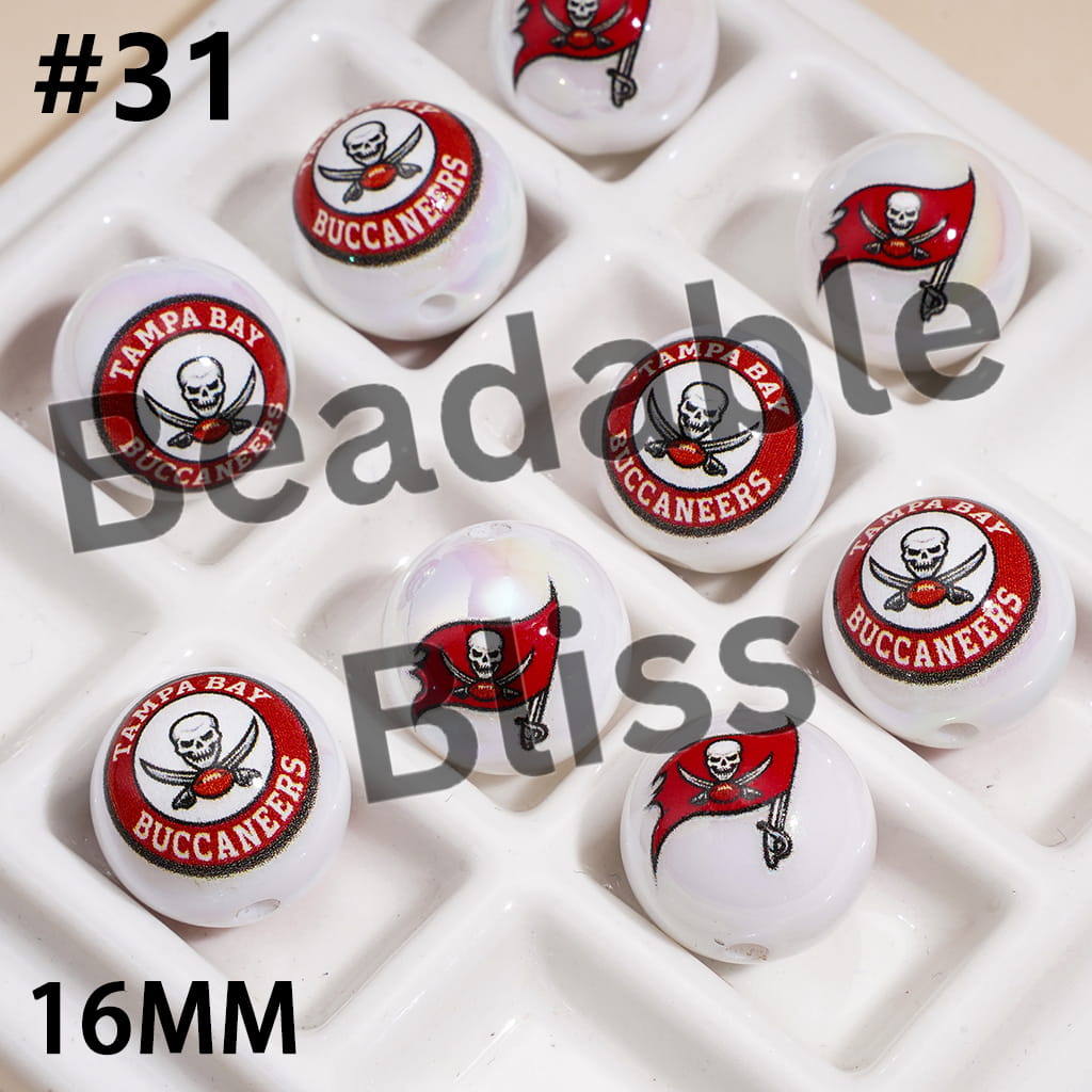 UV Coated USA American Football Teams Round Acrylic Beads (16MM)