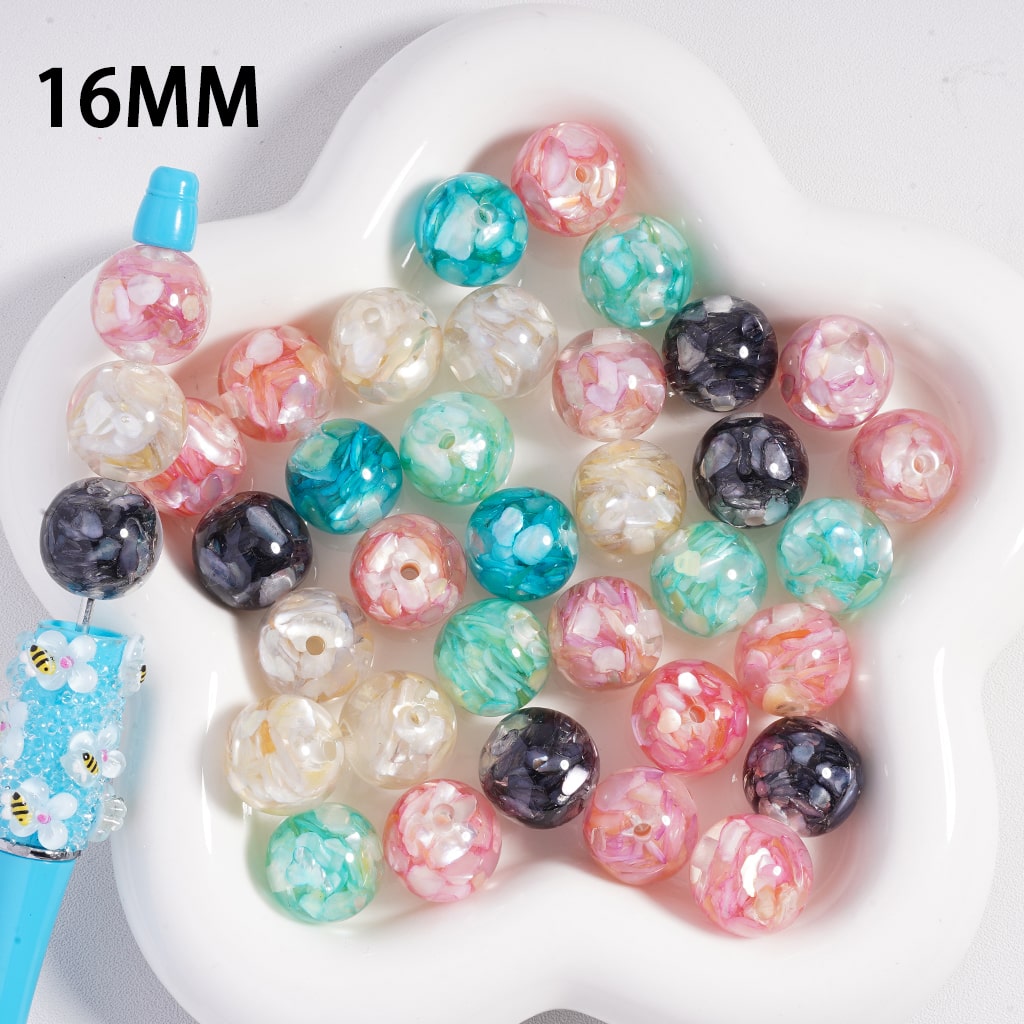 アクリル樹脂ビーズ、樹脂とアクリルビーズのミックス、貝殻デザイン、ラウンド、16mm