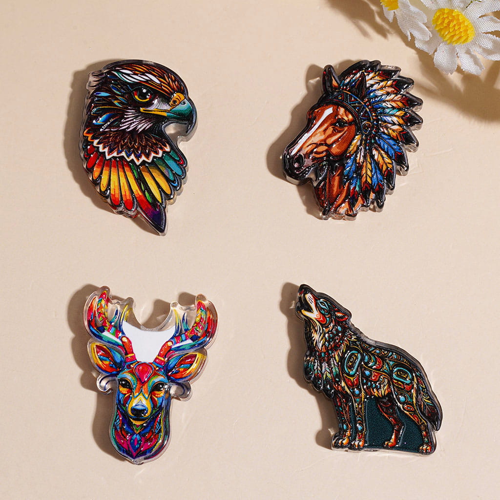 Boho Style Wild Animal Series Acrylic Beads, Wolf Horse Fox Bear Highland Cow Deer Eagle, Semi-Clear, Random Mix