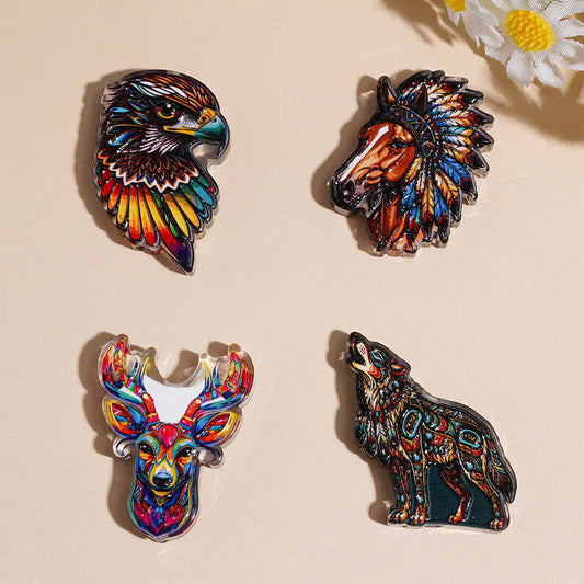 Boho Style Wild Animal Series Acrylic Beads, Wolf Horse Fox Bear Highland Cow Deer Eagle, Semi-Clear, Random Mix