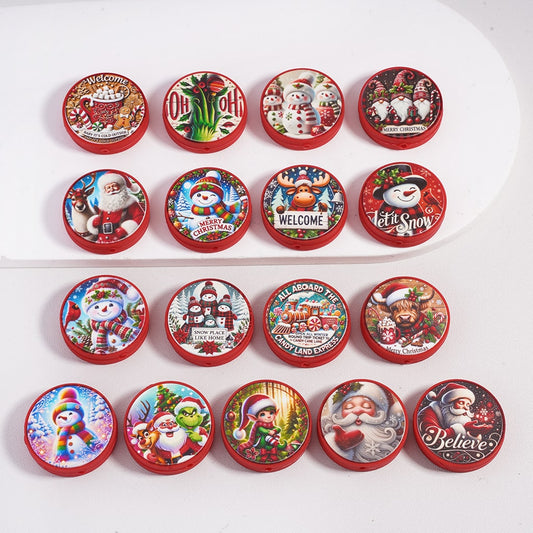 Silicone Focal Beads Christmas Series with Red Background Round Shape