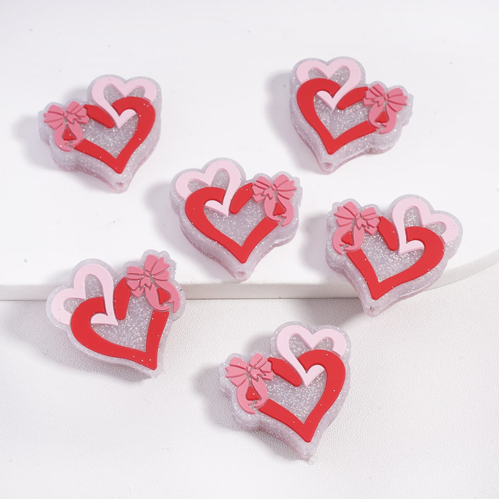 Silicone Focal Beads Double-Ring Hearts with Rose Red Bowtie Silver Glitter Valentine's Day
