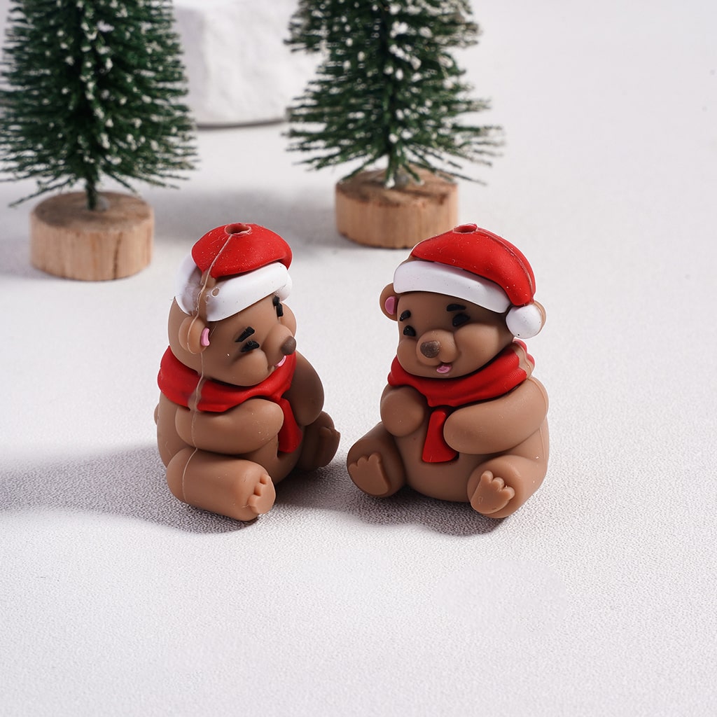 Silicone Focal Beads 3D Christmas Bears Series with Red Hat and Scarf