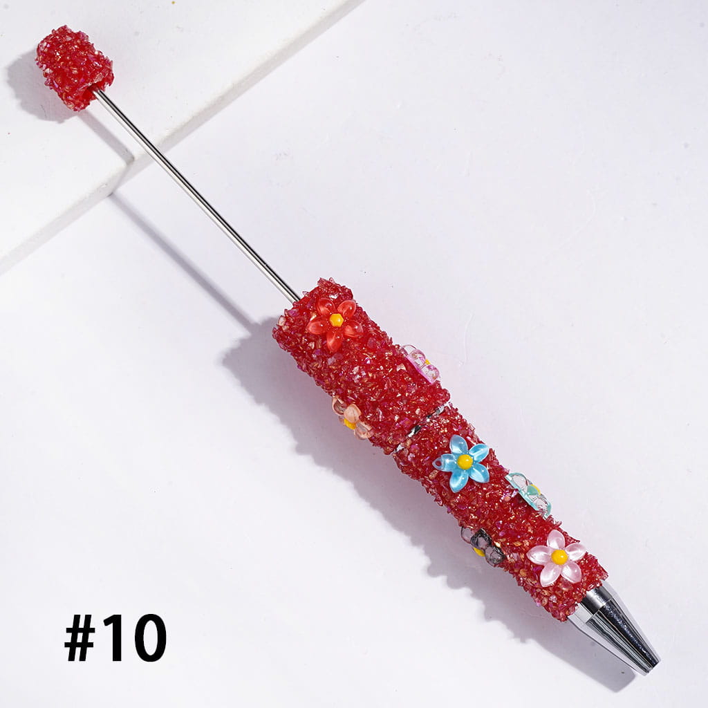 Beadable Sugar Pens with Five-Petaled Flower Series and Broken Rhinestones Covered the Entire Pen, Multi-Color