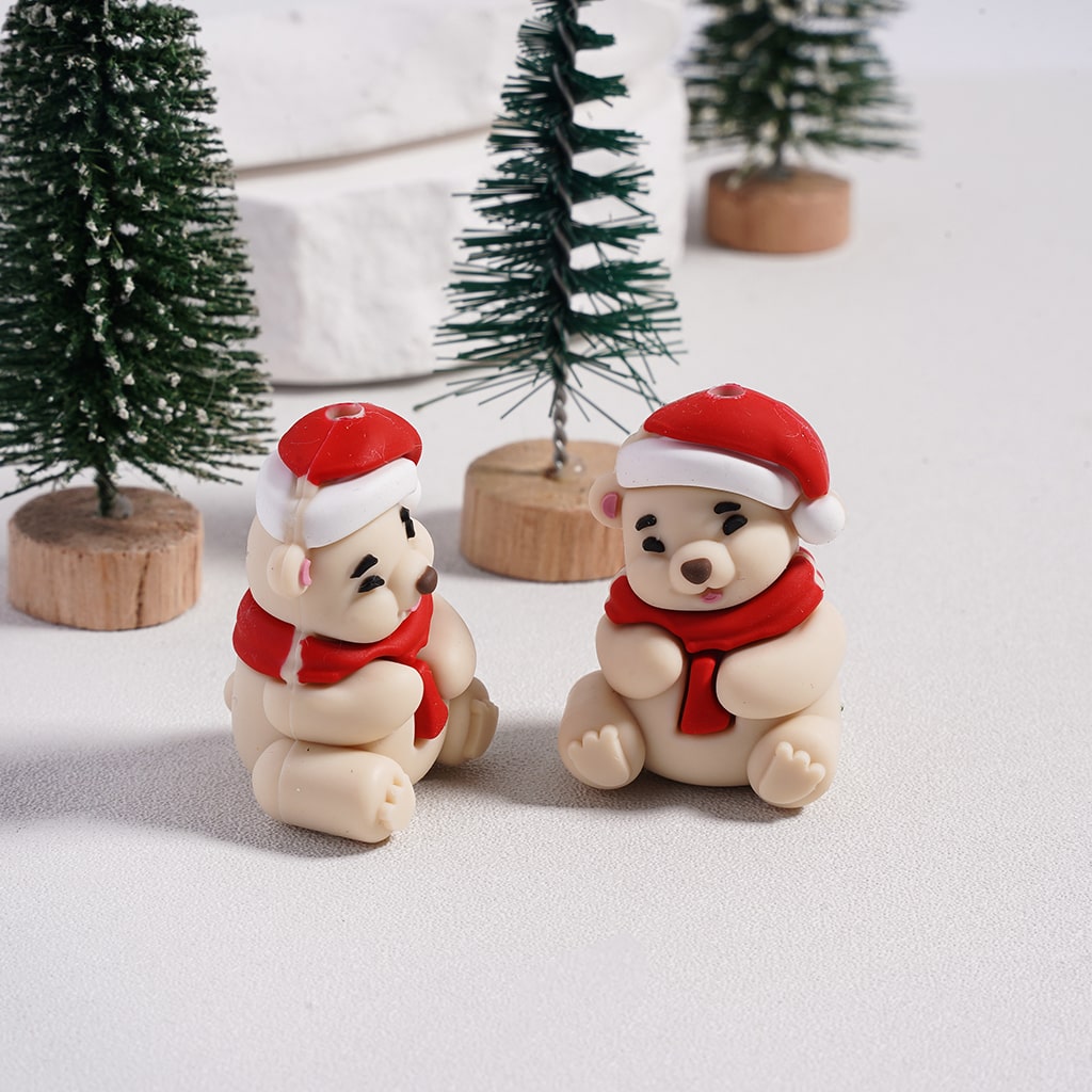 Silicone Focal Beads 3D Christmas Bears Series with Red Hat and Scarf