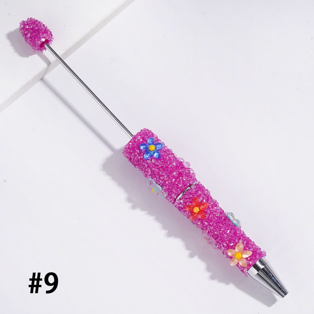 Beadable Sugar Pens with Five-Petaled Flower Series and Broken Rhinestones Covered the Entire Pen, Multi-Color