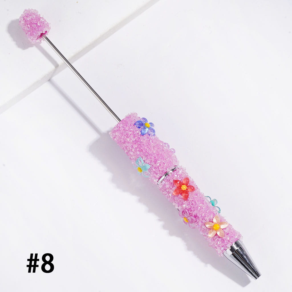 Beadable Sugar Pens with Five-Petaled Flower Series and Broken Rhinestones Covered the Entire Pen, Multi-Color