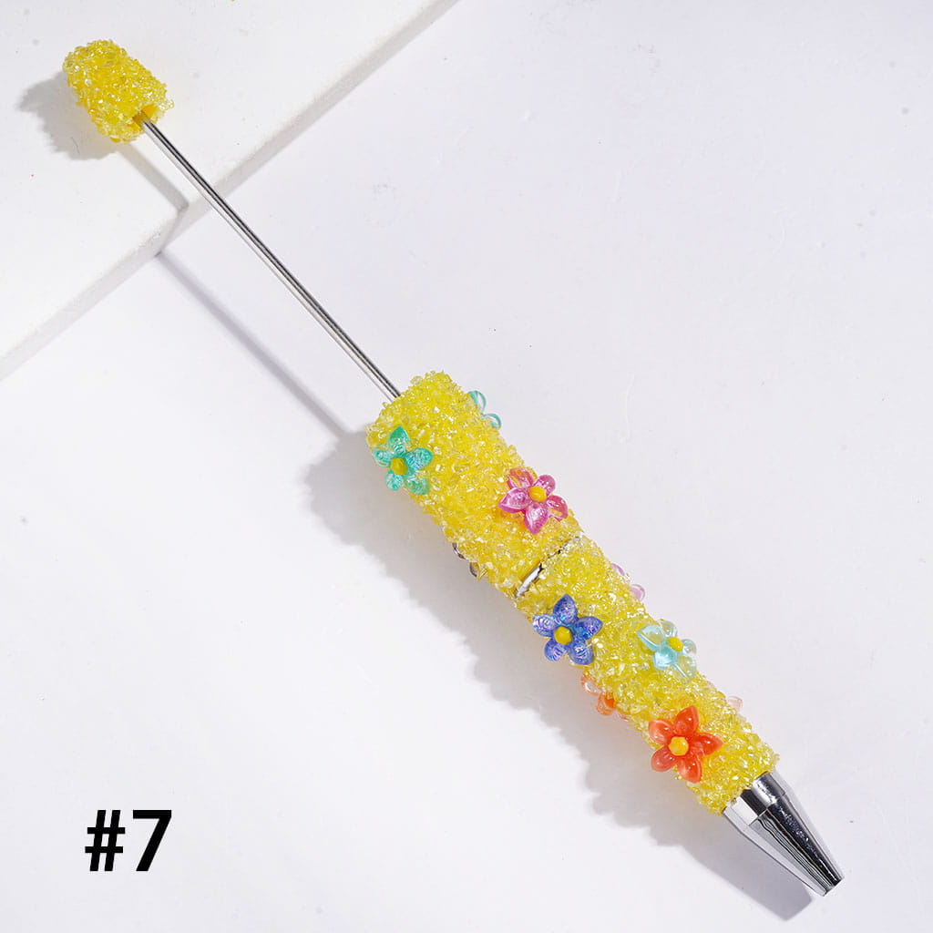 Beadable Sugar Pens with Five-Petaled Flower Series and Broken Rhinestones Covered the Entire Pen, Multi-Color