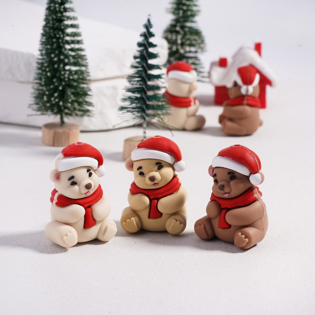Silicone Focal Beads 3D Christmas Bears Series with Red Hat and Scarf