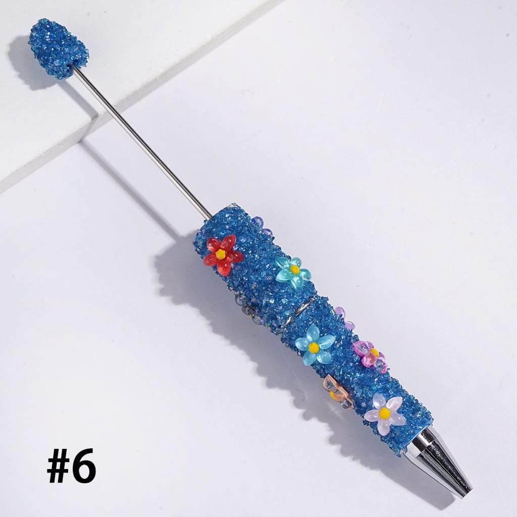 Beadable Sugar Pens with Five-Petaled Flower Series and Broken Rhinestones Covered the Entire Pen, Multi-Color