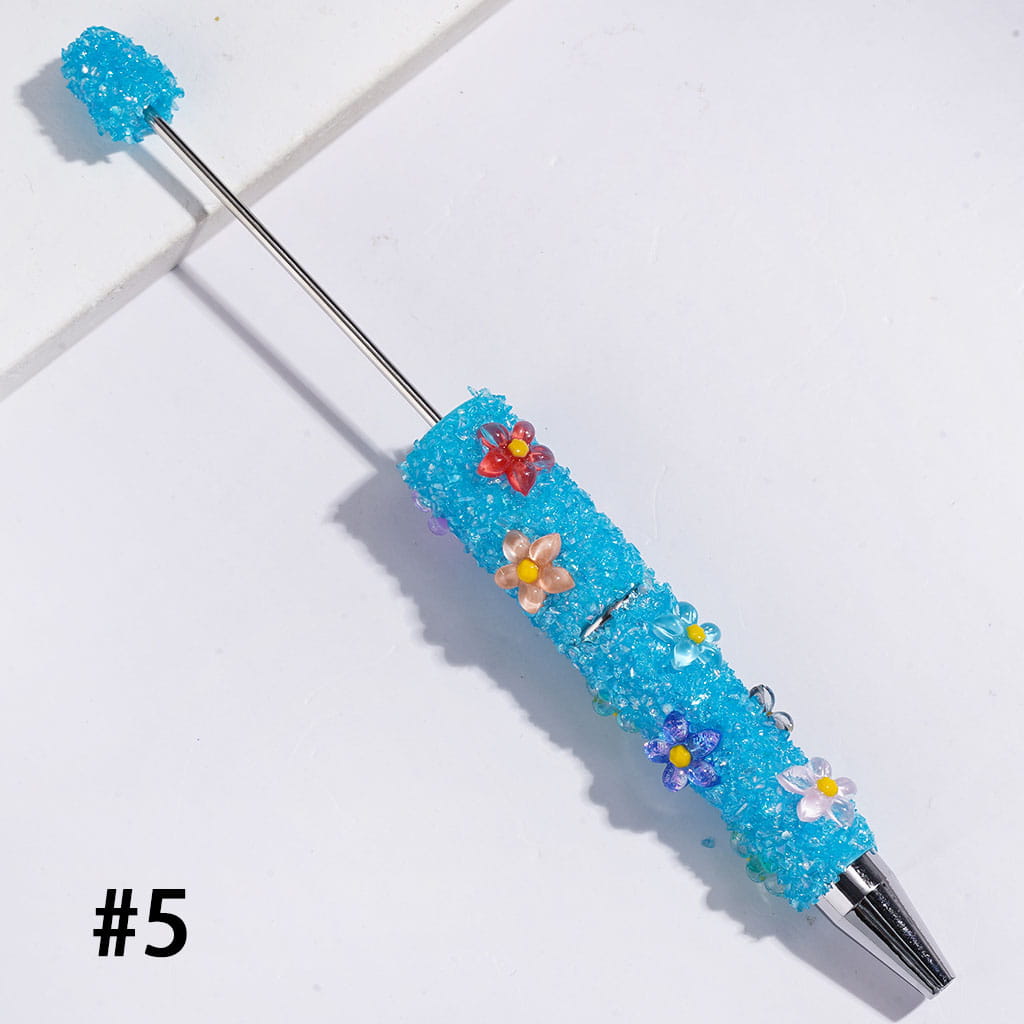 Beadable Sugar Pens with Five-Petaled Flower Series and Broken Rhinestones Covered the Entire Pen, Multi-Color